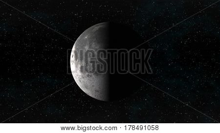 The Moon in last quarter phase on a background of stars. Digital illustration. Moon texture is public domain provided by NASA.
