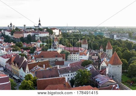 Scenic Summer Beautiful Aerial Skyline Panorama Of The Old Town In Tallinn, Estonia