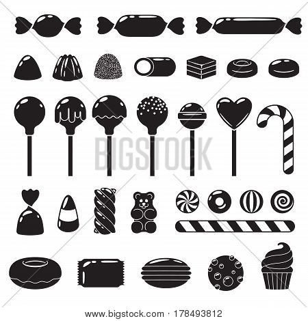 Set of black and white sweets - marshmallow, gummy bears, hard candies, dragee, jelly, licorice, candy cane, peppermint candy, donut, cupcake macaron cookie vector illustration