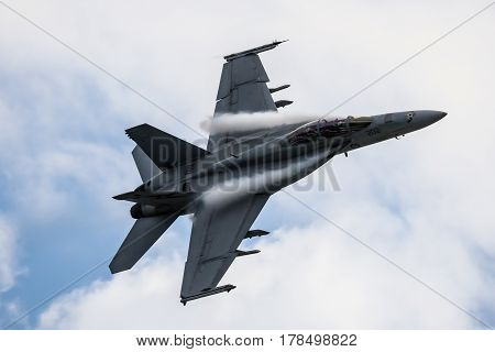 MELBOURNE, AUSTRALIA - MARCH 25: An Royal Australian Air Force FA18F Super Hornet performs in a public display above Melbourne on March 25, 2017