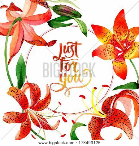 Wildflower leopard lily flower frame in a watercolor style isolated.  Aquarelle wild flower for background, texture, wrapper pattern, frame or border.