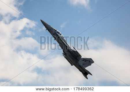 MELBOURNE, AUSTRALIA - MARCH 25: An Royal Australian Air Force FA18F Super Hornet performs in a public display above Melbourne on March 25, 2017