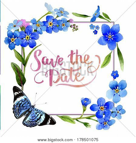 Wildflower myosotis arvensis flower frame in a watercolor style isolated. Full name of the plant: Myosotis arvensis. Aquarelle wild flower for background, texture, wrapper pattern, frame or border.