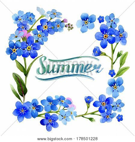 Wildflower myosotis arvensis flower frame in a watercolor style isolated. Full name of the plant: Myosotis arvensis. Aquarelle wild flower for background, texture, wrapper pattern, frame or border.
