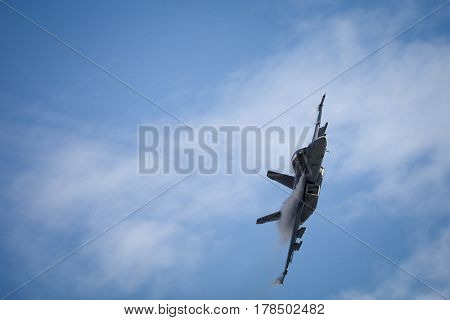 MELBOURNE, AUSTRALIA - MARCH 26: An Royal Australian Air Force FA18F Super Hornet performs in a public display above Melbourne on March 26, 2017
