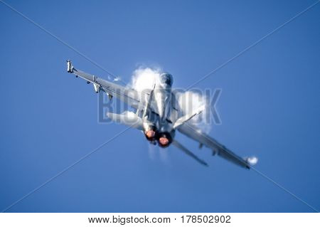 MELBOURNE, AUSTRALIA - MARCH 26: An Royal Australian Air Force FA18F Super Hornet performs in a public display above Melbourne on March 26, 2017