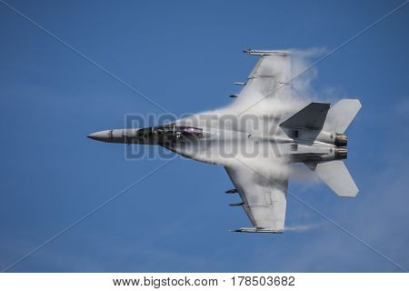 MELBOURNE, AUSTRALIA - MARCH 26: An Royal Australian Air Force FA18F Super Hornet performs in a public display above Melbourne on March 26, 2017