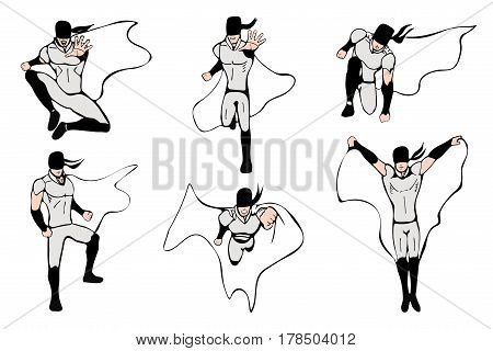 Hand drawn superhero models in various poses. Vector illustration.