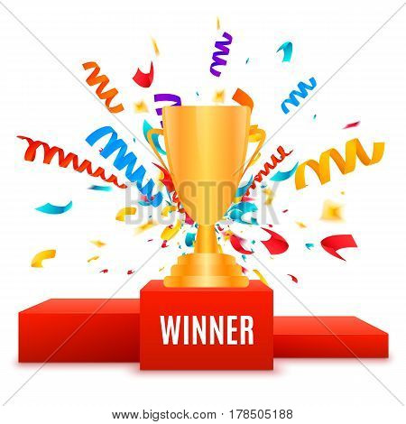 1st place design. Winners pedestal isolated on white background. Red podium with gold prize cup and confetti explosion. The award for first place. Vector illustration.
