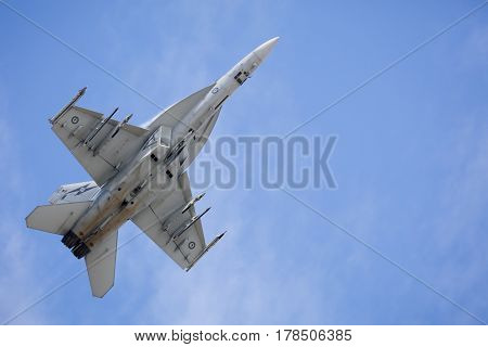 MELBOURNE, AUSTRALIA - MARCH 26: An Royal Australian Air Force FA18F Super Hornet performs in a public display above Melbourne on March 26, 2017