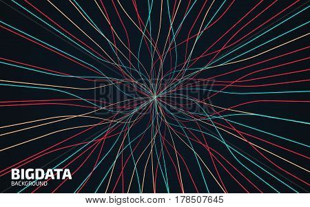 Abstract communication network background. Fractal element with lines and dots array. Big data connection complex concept. Futuristic digital neural network visualisation. Vector illustration