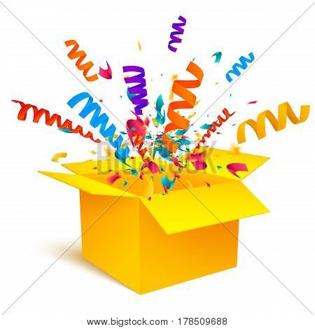 Yellow box isolated on white background. An open empty box. Bright Gift Packaging. Vector illustration