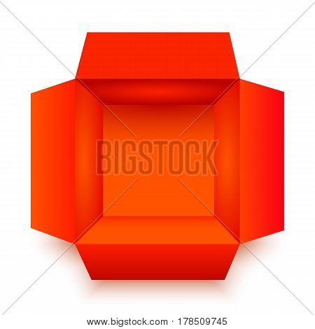Red box isolated on white background. An open empty box. Bright Gift Packaging. Top view. Vector illustration