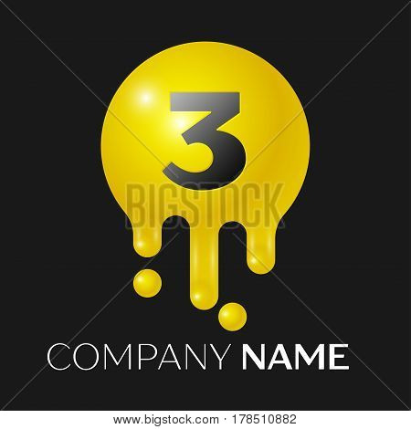 Number three splash logo. Yellow dots and bubbles number design on grey background. Vector Illustration