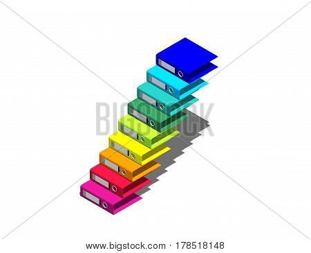 Empty colorful file folders. Isolated on white background. Stairway from file folders. 3D rendering illustration. Isometric view.