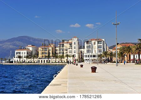 TIVAT MONTENEGRO - MARCH 25: View of Tivat seafront on March 25 2017. Tivat is a famous resort in Montenegro.