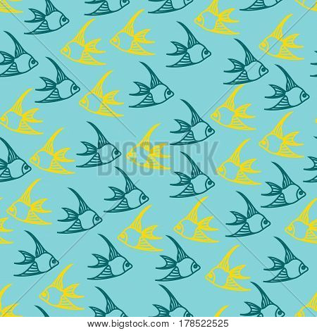 Vector seamless pattern with line color fishes