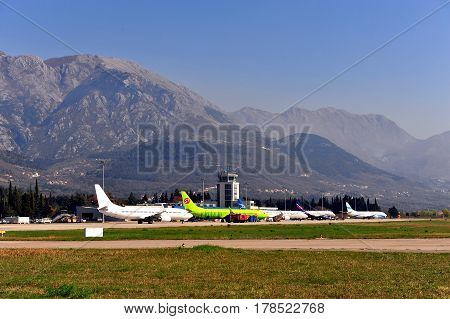 TIVAT MONTENEGRO - MARCH 25: View of Tivat airport on March 25 2017. Tivat is a famous resort in Montenegro.