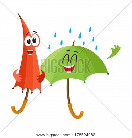 Two funny umbrella characters with human faces, open and closed, under rain, cartoon vector illustration isolated on white background. Couple of funny umbrella, parasol characters, happy with rain