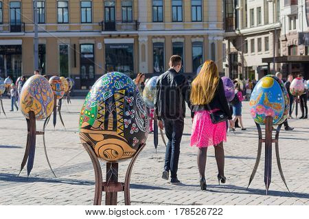 Kiev Ukraine - April 29 2016: Installation for the Easter is decorated with its symbol the Easter Egg on April 29 in Kiev