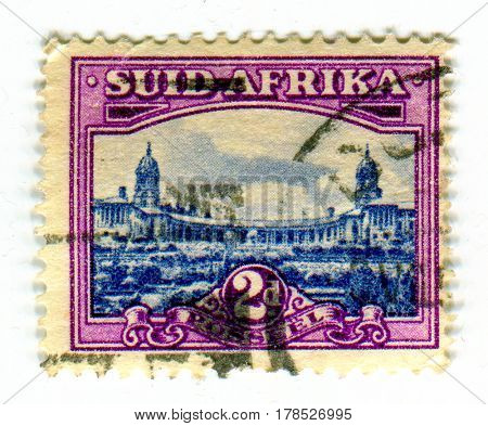 GOMEL, BELARUS, 24 MARCH 2017, Stamp printed in Suid Africa shows image of the Union Buildings form the official seat of the South African government, circa 1947.