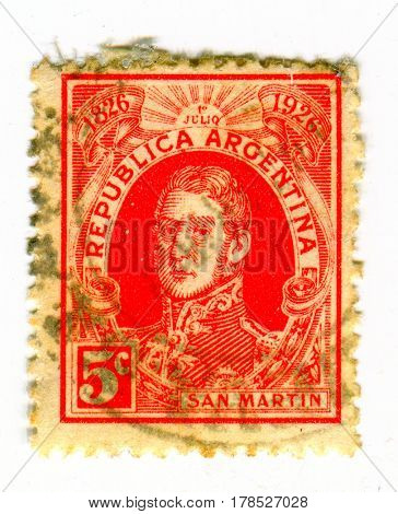 GOMEL, BELARUS, 23 MARCH 2017, Stamp printed in Argentina shows image of the Jose Francisco de San Martin y Matorras, was an Argentine general and the prime leader, circa 1926.