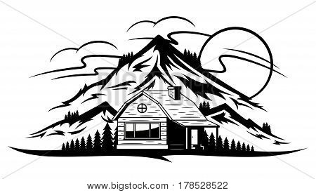 Vector Mountain Landscape With Wooden Cabin