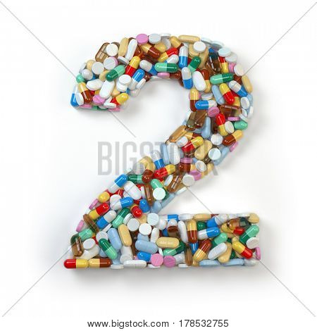 Number 2 two. Set of alphabet of medicine pills, capsules, tablets and blisters isolated on white. 3d illustration