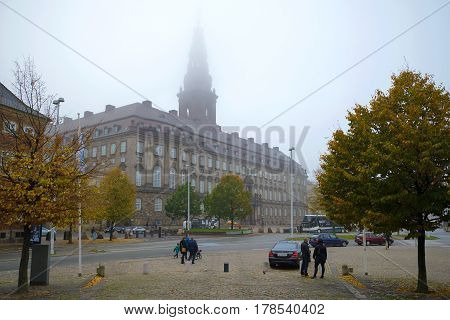 COPENHAGEN, DENMARK - NOVEMBER 01, 2014: View of the Christiansborg castle foggy November day