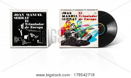 Rishon LeZion Israel-August 31 2016: Old vinyl stereo album Joan Manuel Serrat El Triunfador de Europa. Manufactured in Mexico in 1969 by Discos Musart SA. Covers and vinyl disc are shooted on white background
