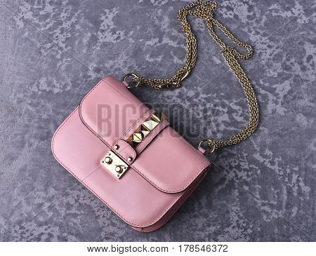 Small Womans Leather Pink Bag With Metallic Spikes And Chain