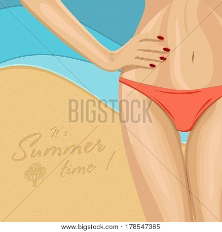 Sexy female body in red color bikini on blue background of abstract sea. Vector illustration of place for text.