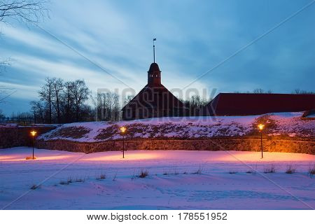 Old Korela fortress in the February twilight. Priozersk. Russia