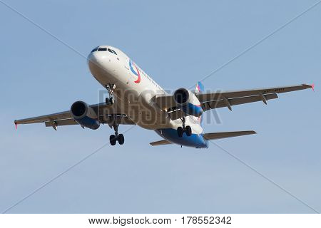 ST. PETERSBURG, RUSSIA - MARCH 09, 2017: Flying the Airbus A320 (VP-BDL) 