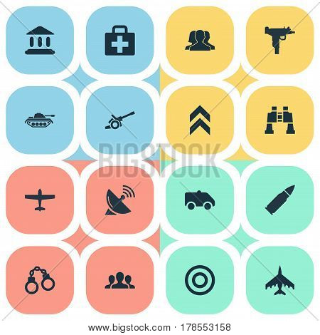 Vector Illustration Set Of Simple Terror Icons. Elements Courthouse, Ammunition, Emergency And Other Synonyms Aid, Aim And Hospital.