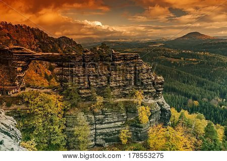 Autumn view of the landscape around the Pravcice Gate in Czech Switzerland/Czech Republic/