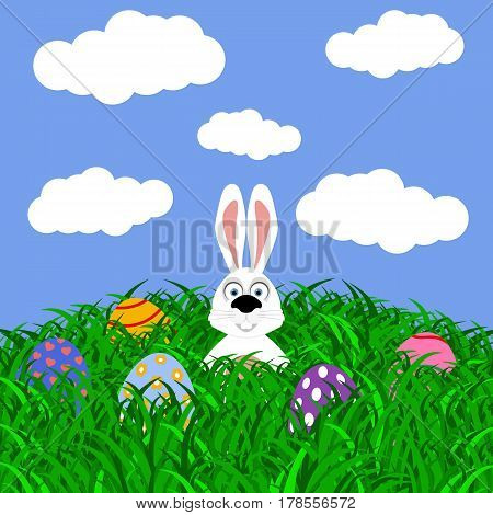 Easter bunny and eggs with stickers on the grass vector