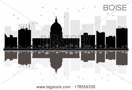 Boise City skyline black and white silhouette with reflections. Simple flat concept for tourism presentation, banner, placard or web site. Cityscape with famous landmarks