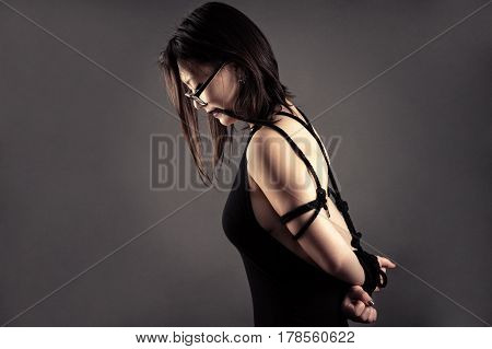 tied with rope beautiful girl, bondage hand, shibari