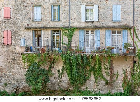 Houses in the old town Largentiere along the river bank in the Ardeche region of France