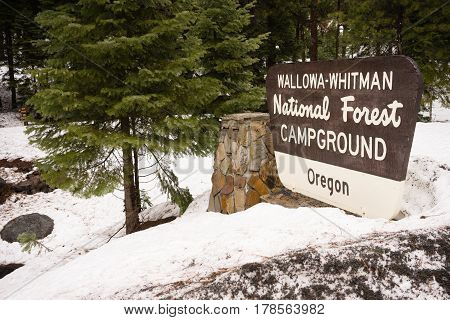 Fresh snow stands around the Oregon Campground sign in Wallowa-Whitman National Forest