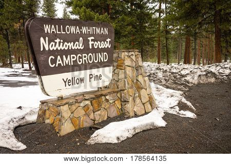 Fresh snow stands around the Yellow Pine Campground sign in Wallowa-Whitman National Forest