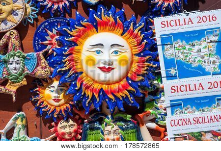 ERICE ITALY - SEPTEMBER 12 2015: Traditional souvenirs of ceramics and Trinacria is symbol of Sicily Italy.