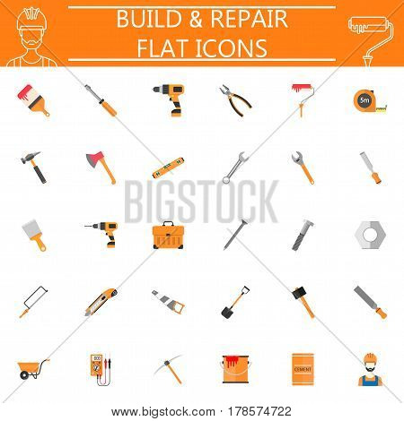 Build and Repair flat pictograms package, construction symbols collection, vector sketches, logo illustrations, Tools colorful solid icon set isolated on white background, eps 10.