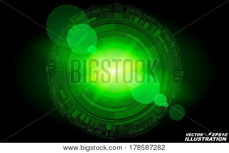 Abstract geometric form of particles of green color glowing in the dark. A bright flash of light. New technologies in design. Foreground