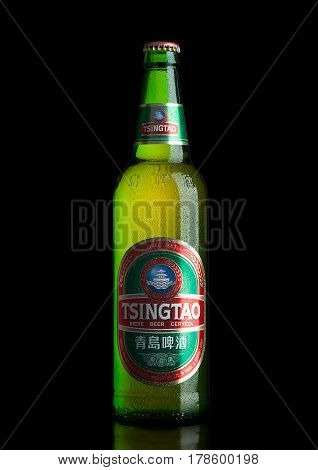 LONDONUK - MARCH 23 2017 : Bottle of Tsingtao beer on black background.Tsingtao is China's second largest brewery it was founded in 1903 by German settlers.