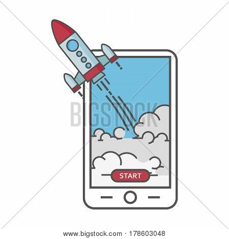 Business start up concept. Flat illustration of smartphone with Rocket launcing