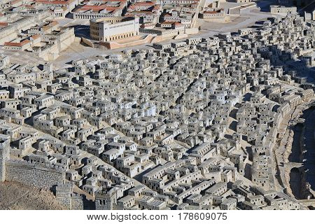 Model of ancient Jerusalem at the time of the second temple.  Focusing on the homes in the Upper City and the Herodian Theater.