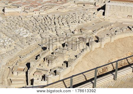 Model of ancient Jerusalem at the time of the second temple.  Including the pool of Siloam, Synagogue of the Freedmen, Adiabenian Royal Palaces in the Lower City and homes and Herodian Theater in the Upper City.