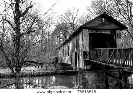 Childersburg Alabama USA - March 25 2017: The Kymulga Covered Bridge is one of only two covered bridges surviving the Civil War iin eastern Alabama.